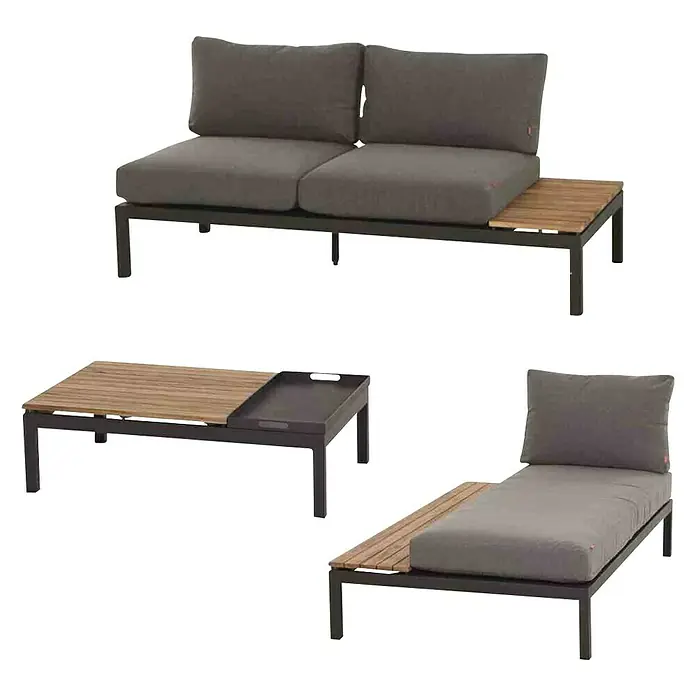 Siena Garden Loungemöbel-Set Alvida - 3 -tlg., Anthrazit/Schwarz, Teakholz, Tablett, Max. Personenzahl: 3 - Outdoor-Möbelset mit Sofa, Tisch und Liege. Ideal für den Garten oder die Terrasse. Das Set besteht aus robusten Materialien und ist wetterfest.