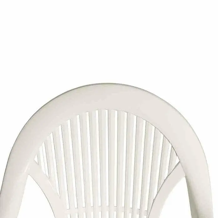 Stapelstuhl Vega im Set - 4 Stk., B x T x H: 41 x 39 x 93 cm, Weiß, Gartenstuhl stapelbar - Detailaufnahme einer weissen Gartenstuhl-Rückenlehne mit vertikalen Streben, ideal für entspannte Stunden im Freien. Robuster Kunststoff sorgt für Langlebigkeit.