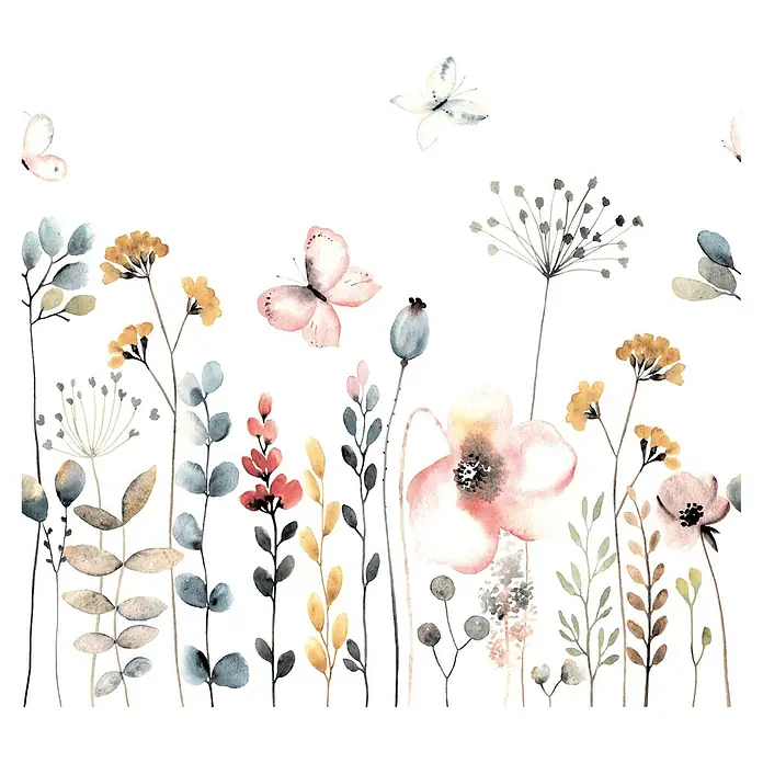 Rasch Bambino XIX Fototapete Blumen - B x H: 250 x 300 cm, Vlies, Hellblau - Aquarell-Illustration eines zarten Blumenfeldes mit Schmetterlingen, ideal für frühlingshafte Dekorationen und Textilien.