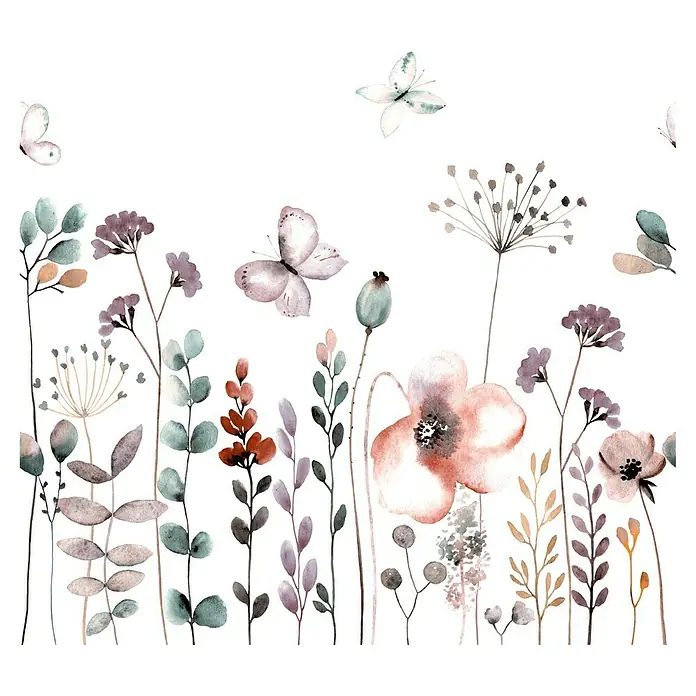 Rasch Bambino XIX Fototapete Blumen - B x H: 250 x 280 cm, Vlies, Helllila - Aquarell-Illustration zarter Blumen und Schmetterlinge, ideal für zarte Designs und frühlingshafte Dekorationen.