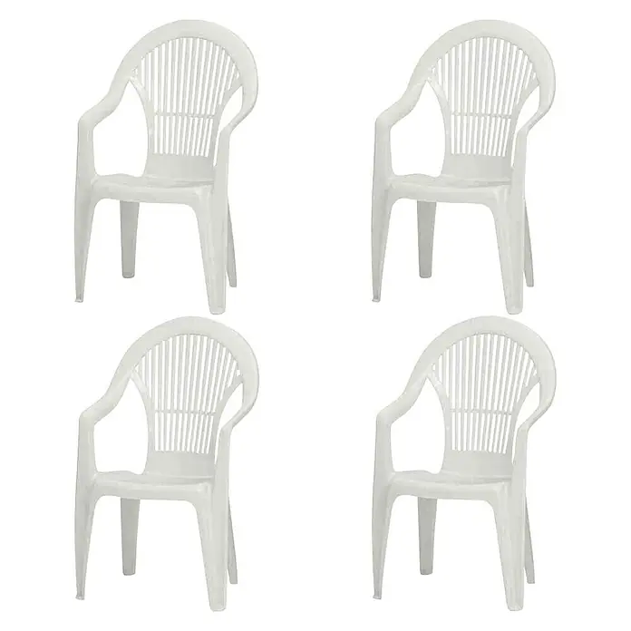 Stapelstuhl Vega im Set - 4 Stk., B x T x H: 41 x 39 x 93 cm, Weiß, Gartenstuhl stapelbar - Eine Nahaufnahme von vier weißen Gartenstühlen aus Kunststoff, die sich ideal für den Außenbereich eignen.