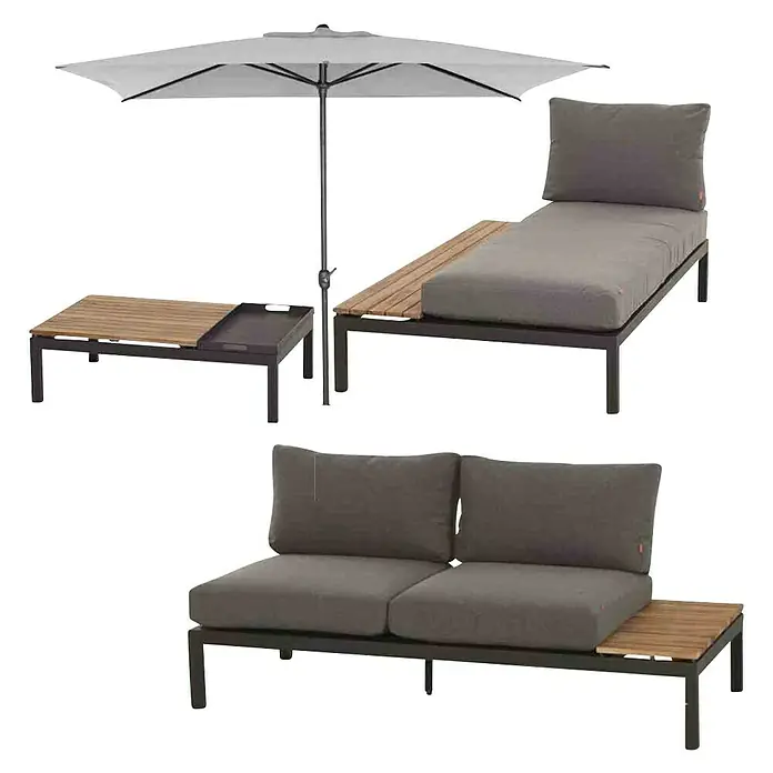 Siena Garden Loungemöbel-Set Alvida/Isa - 3 -tlg., Anthrazit/Schwarz, Teakholz, 3 - Gartenmöbel-Set mit Sonnenschirm, Liege, Couch und Tisch für den Außenbereich.