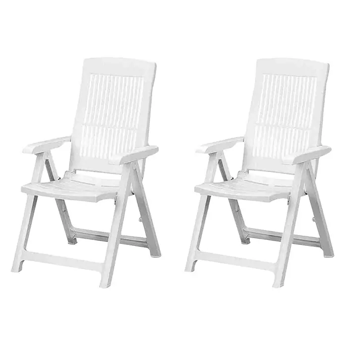 Progarden Klappstuhl Tampa im Set - 2 Stk., B x T x H: 44 x 50 x 111 cm, Weiß, 4-fach verstellbare Rückenlehne - Zwei weiße Kunststoff-Gartenstühle mit Armlehnen vor einem neutralen Hintergrund. Ideal für Entspannung im Freien.