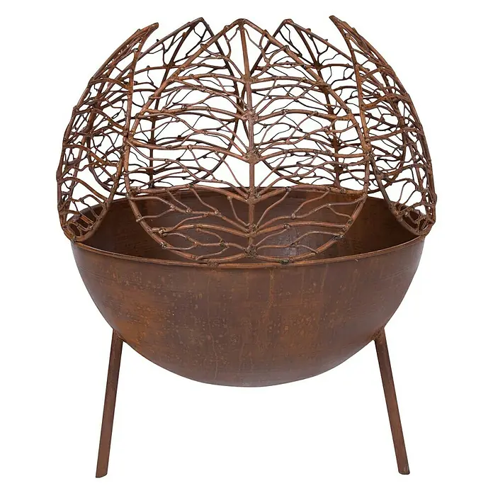 RedFire Feuerkorb Narfi - Ø x H: 47 x 53 cm, Rostbraun - Rostfarbene Metallfeuerschale mit einem kunstvollen Blattmuster, ideal für gemütliche Abende im Freien.
