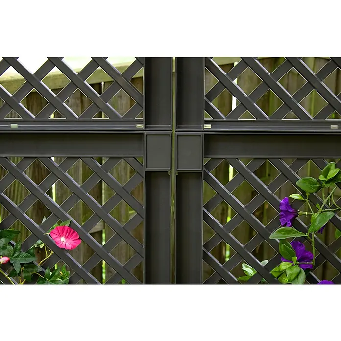KHW Rankgitter - 100 x 140 cm, Anthrazit - Nahaufnahme eines schwarzen Kunststoff-Gartenzauns mit Blumen, der für Privatsphäre und Dekoration im Außenbereich sorgt.
