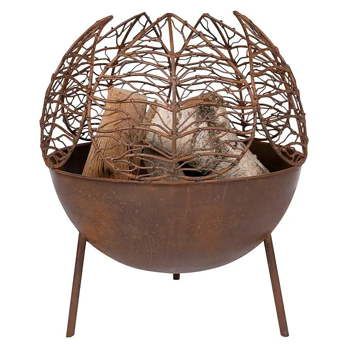 RedFire Feuerkorb Narfi - Ø x H: 47 x 53 cm, Rostbraun - Rostfarbene Feuerschale mit Blattmuster und Holzscheiten, ideal für gemütliche Abende im Freien. Blickfangendes Design.