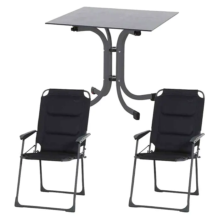 Siena Garden Gartenmöbel-Set Premium/Sola - 3 -tlg., Schwarz/Anthrazit, Aluminium - Ein quadratischer Tisch mit zwei passenden Stühlen, ideal für Mahlzeiten im Freien.