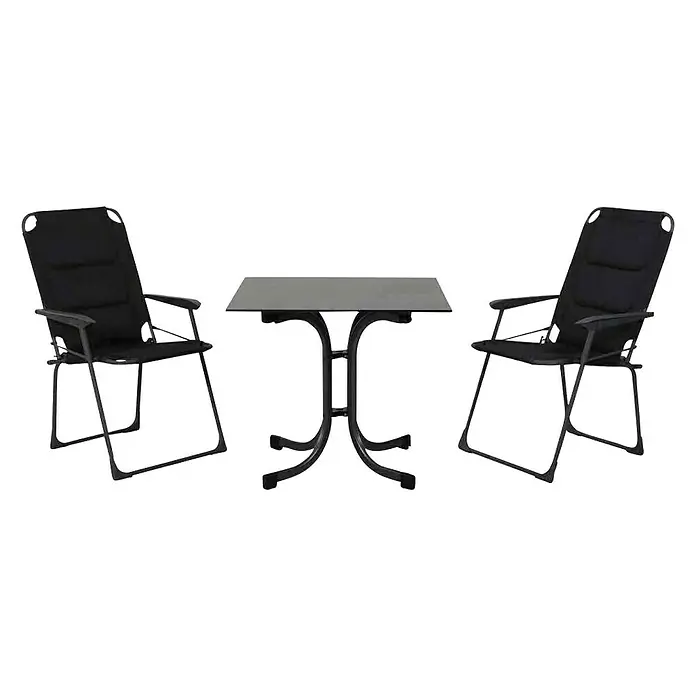 Siena Garden Gartenmöbel-Set Premium/Sola - 3 -tlg., Schwarz/Anthrazit, Aluminium - Bild eines schwarzen Gartenmöbel-Sets mit zwei Stühlen und einem Tisch. Das Set ist ideal für den Außenbereich und bietet Sitzgelegenheiten.