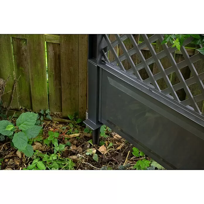 KHW Rankgitter - 100 x 140 cm, Anthrazit - Dunkelgrauer Gartensichtschutz mit Rankgitter oben und fester Basis, in einem Garten mit Grünpflanzen.