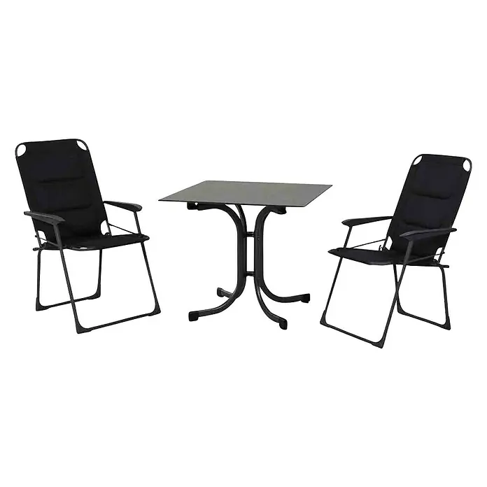 Siena Garden Gartenmöbel-Set Premium/Sola - 3 -tlg., Schwarz/Anthrazit - Ein Gartentischset mit zwei schwarzen Klappstühlen und einem quadratischen Tisch. Perfekt für gemütliche Stunden im Freien.