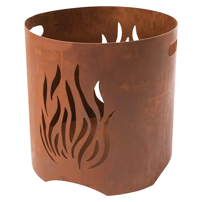 RedFire Feuerkorb Kiruna - Ø x H: 40 x 40 cm, Rostbraun - Rostfarbene Feuertonne aus Metall mit ausgeschnittenem Flammenmuster für stimmungsvolle Lagerfeuer im Garten.