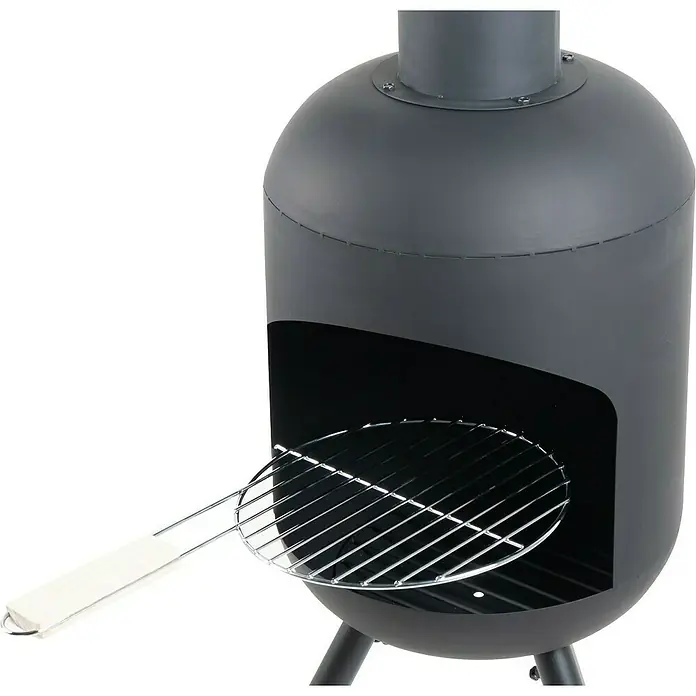 RedFire Gartenkamin Fuego - Ø x H: 40 x 148 cm, Stahl - Nahaufnahme eines grauen Chiminea-Grills mit Grillrost. Ideal für gemütliche Grillabende im Freien.