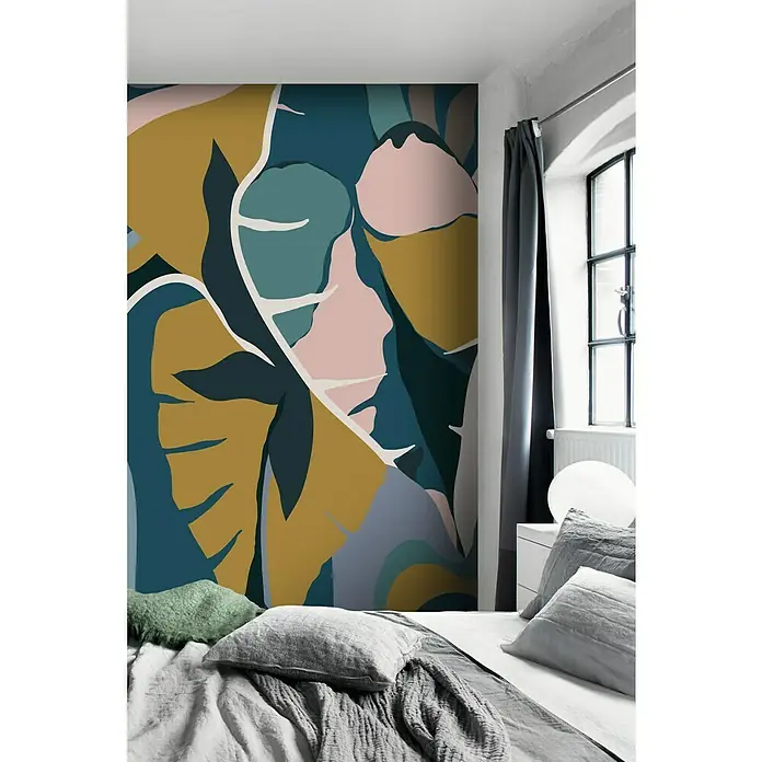 Rasch Tropical House Fototapete Moderne Blätter - B x H: 400 x 300 cm, Vlies, Petrol - Wandgemälde mit einem modernen abstrakten Blättermotiv, das dem Schlafzimmer eine künstlerische Note verleiht und eine entspannte Atmosphäre schafft.