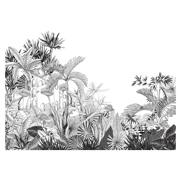 Rasch Tropical House Fototapete Haus im Dschungel - B x H: 400 x 300 cm, Vlies, Schwarz-Weiß - Skizze einer tropischen Szene mit üppiger Vegetation und einem Gebäude, das sich in das Dickicht einfügt.