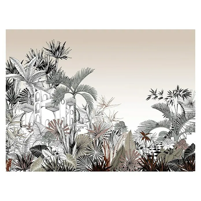 Rasch Tropical House Fototapete Haus im Dschungel - B x H: 400 x 300 cm, Vlies, Hellbeige - Illustration eines Gebäudes umgeben von üppigen Pflanzen, die ein tropisches Flair vermitteln. Dezente Farbpalette für elegante Wandgestaltung.