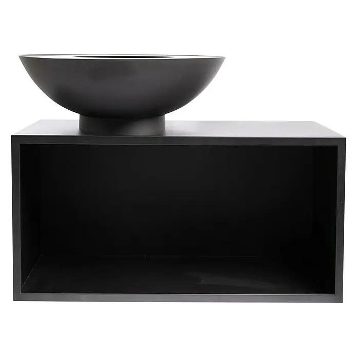 RedFire Feuerschale Onyx - Durchmesser: 80 cm, Stahl, Ablagefläche - Ein moderner, schwarzer Pflanzkübel mit einer runden Schale auf einem quaderförmigen Untersatz. Das Design ist minimalistisch und elegant.