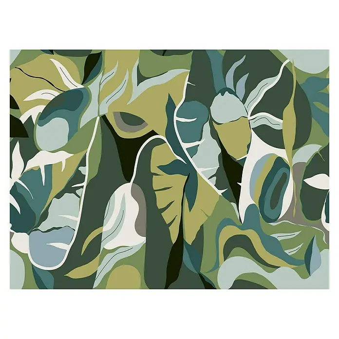 Rasch Tropical House Fototapete Moderne Blätter - B x H: 400 x 300 cm, Vlies, Grün - Abstraktes Design mit grünen und blauen Blattformen, die ein tropisches und natürliches Gefühl vermitteln.