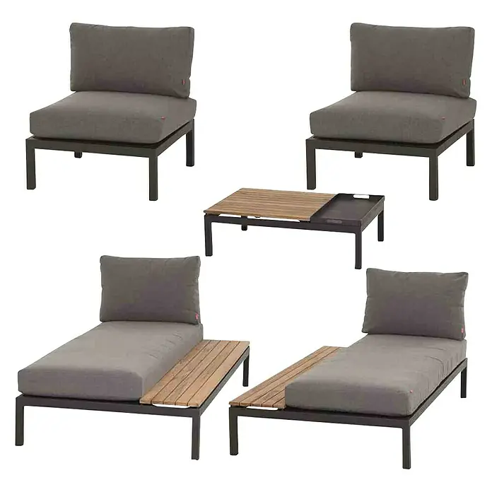 Siena Garden Loungemöbel-Set Alvida - 5 -tlg., Anthrazit/Schwarz, Teakholz, Tablett, Max. Personenzahl: 4 - Elegante Gartenmöbel-Gruppe mit Sesseln, Liegen und Couchtisch. Die Möbel bestechen durch ihr modernes Design und hohen Komfort für entspannte Stunden im Freien.
