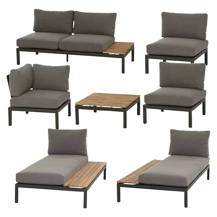 Siena Garden Loungemöbel-Set Alvida - 7 -tlg., Anthrazit/Schwarz, Teakholz, Max. Personenzahl: 7 - Diese Abbildung zeigt ein modulares Outdoor-Lounge-Set mit grauen Kissen und Holztischen, ideal für entspannte Stunden im Freien.