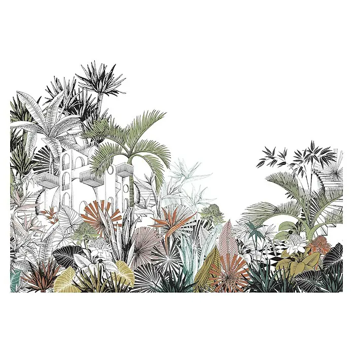 Rasch Tropical House Fototapete Haus im Dschungel - B x H: 400 x 300 cm, Vlies, Dunkelgrün - Eine Illustration von üppiger tropischer Vegetation mit einem modernen Gebäude im Hintergrund. Ideal für Wanddekorationen.