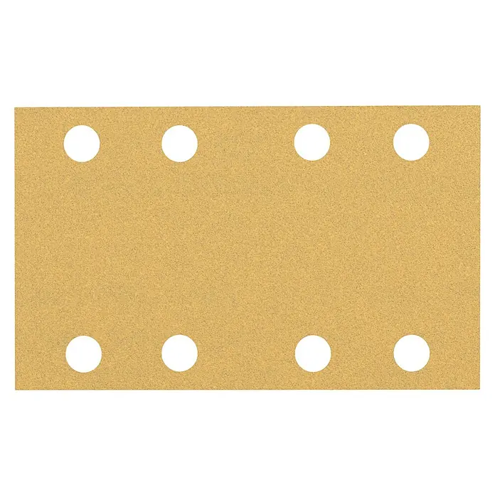 Bosch Expert Schleifblätter C470 - Körnung: 100, 80 x 133 mm, 10 Stk. - Eine rechteckige, braune Korkmatte mit acht schwarzen Löchern, die in zwei Reihen angeordnet sind.