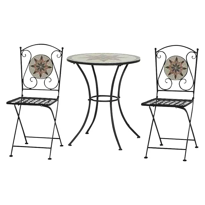 Siena Garden Gartenmöbel-Set Stella - 3 -tlg., Schwarz/Weiß - Ein Gartentisch-Set mit zwei Stühlen, gefertigt aus dunklem Metall und Mosaikdetails, perfekt für den Außenbereich.