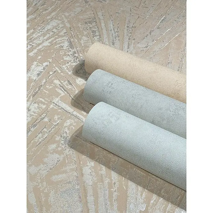 Marburg Papis Loveday Vliestapete Allover-Struktur - Beige/Rot, Grafisch, 10,05 x 0,7 m - Nahaufnahme von drei Tapetenrollen in neutralen Farben, die ein elegantes und modernes Design für die Inneneinrichtung zeigen.