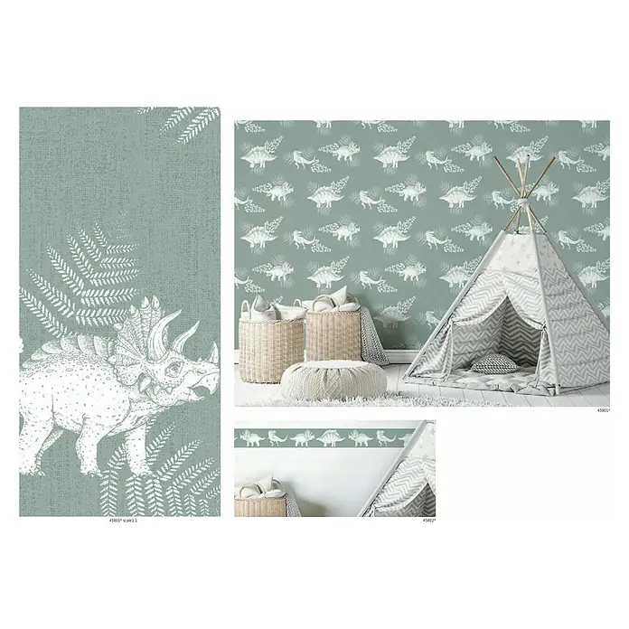 Marburg Kids' Walls Vliestapete Dinosaurier - Mittelgrün/Weiß, Tieroptik, 10,05 x 0,53 m - Das Bild zeigt verschiedene Ansichten von Dinosaurier-Kinderzimmer-Tapeten mit Triceratops-Motiv und passenden Accessoires.