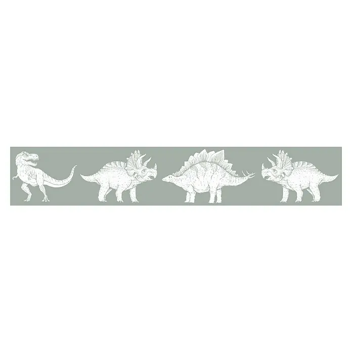 Marburg Kids' Walls Tapetenborte Dinosaurier - Kunststoff, Grün - Illustration von vier Dinosauriern, darunter ein Tyrannosaurus Rex, zwei Triceratops und ein Stegosaurus, auf grauem Hintergrund.