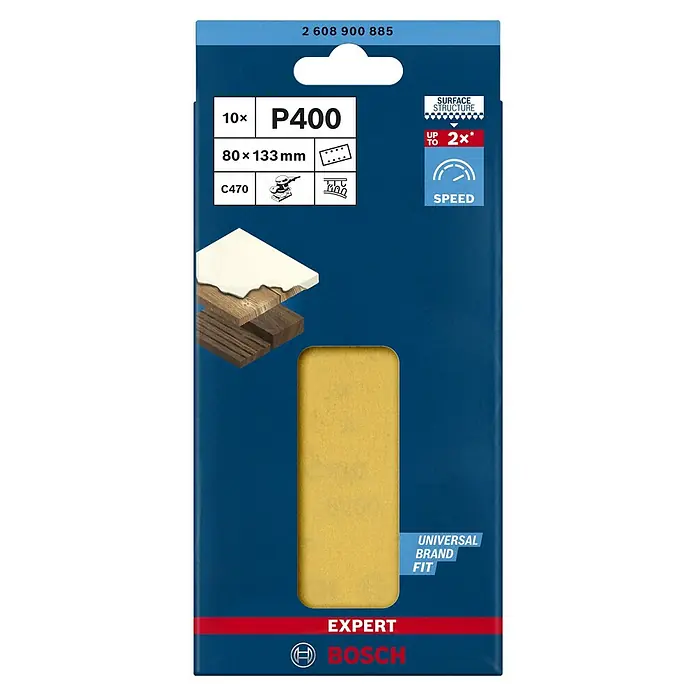 Bosch Expert Schleifblätter C470 - Körnung: 400, 80 x 133 mm, 10 Stk. - Abbildung einer Bosch Expert Schleifpapierverpackung mit der Körnung P400, geeignet für verschiedene Oberflächen und Schleifmaschinen.