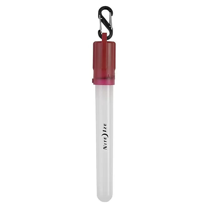 Nite Ize Barra luminosa LED mini - Rojo - Un recipiente tubular blanco con tapa roja y un mosquetón negro. Tiene el logo 'NITE IZE'.