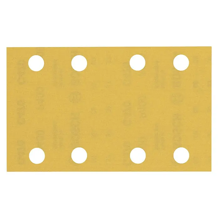 Bosch Expert Schleifblätter C470 - Körnung: 400, 80 x 133 mm, 10 Stk. - Detailaufnahme eines goldfarbenen Schleifpapiers mit acht Löchern, ideal für Elektrowerkzeuge zum effizienten Schleifen von Oberflächen.