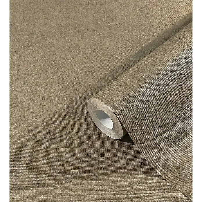 Marburg Kids' Walls Vliestapete schattiert - Braun, Uni, 10,05 x 0,53 m - Nahaufnahme einer Rolle strukturierten, beigen Vinyltapete, die ihre natürliche Textur und warme Farbe hervorhebt.