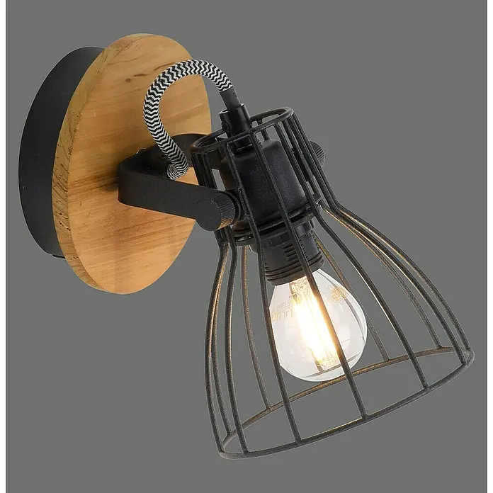Deckenstrahler Taro - L x B x H: 18 x 18 x 15 cm, Schwarz, E14, 1 Stk. - Wandleuchte im Industrial-Stil mit Holzelementen, Metallkäfig und sichtbarer Glühbirne für stimmungsvolle Beleuchtung im Raum.