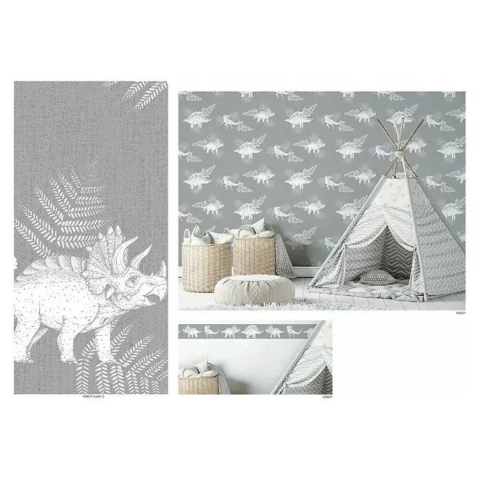 Marburg Kids' Walls Vliestapete Dinosaurier - Grau/Weiß, Tieroptik, 10,05 x 0,53 m - Graue Kinderzimmer-Tapete mit Triceratops und Dinosauriermuster, die eine fantasievolle und verspielte Atmosphäre schafft.