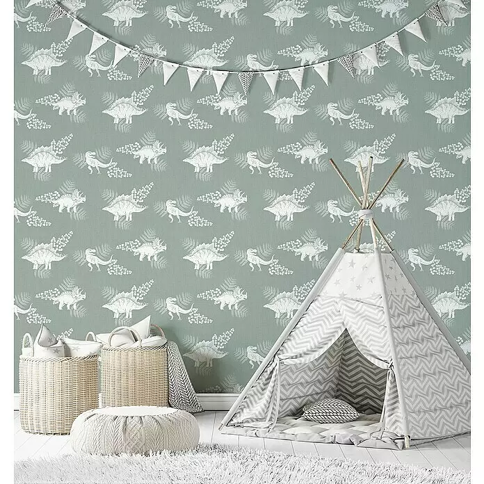 Marburg Kids' Walls Vliestapete Dinosaurier - Mittelgrün/Weiß, Tieroptik, 10,05 x 0,53 m - Hellgrüne Dinosaurier-Tapete und ein grau-weiß gemustertes Spielzelt gestalten einen verspielten Kinderzimmerdekor.