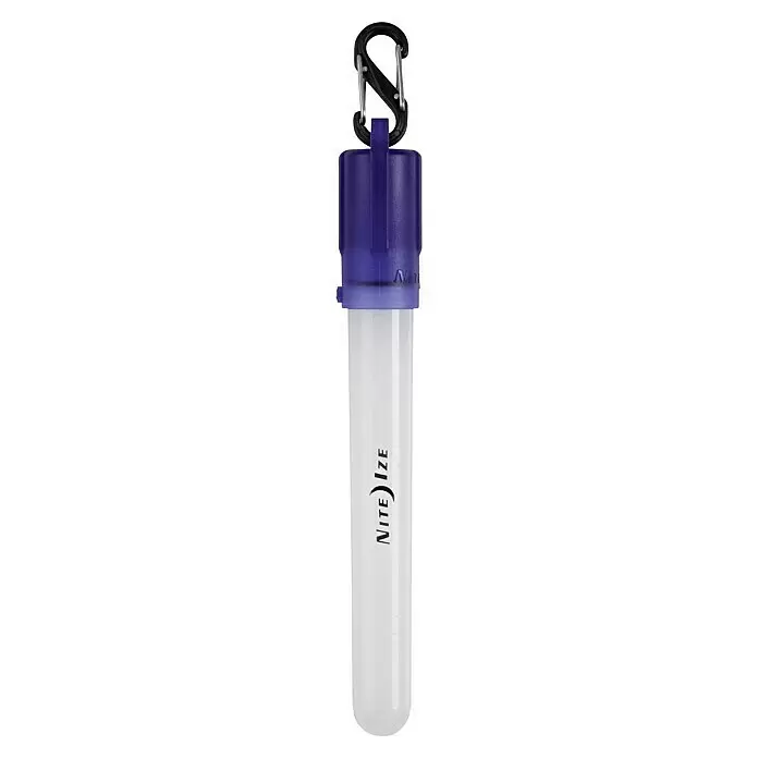Nite Ize Barra luminosa LED mini - Azul - Contenedor cilíndrico blanco con tapa morada y mosquetón negro. Marca Nite Ize.
