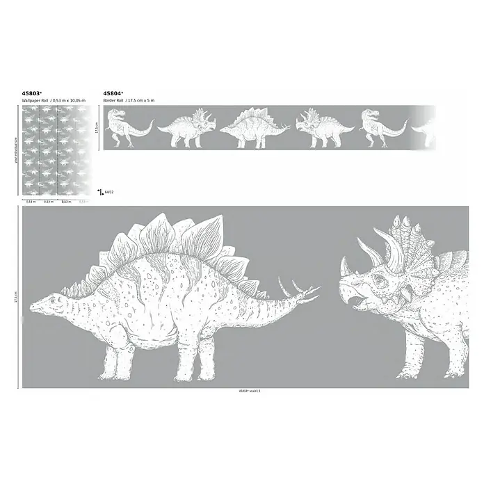 Marburg Kids' Walls Vliestapete Dinosaurier - Grau/Weiß, Tieroptik, 10,05 x 0,53 m - Ein graues Dinosaurier-Wandbild mit einem Stegosaurus und Triceratops im Großformat sowie einer Bordüre und einer kleinen Tapetenrolle.