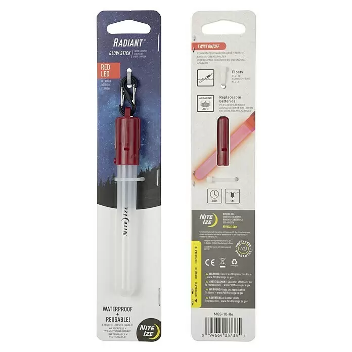 Nite Ize Barra luminosa LED mini - Rojo - Barra luminosa LED roja Nite Ize Radiant empaquetada con tapa roja y mosquetón negro.