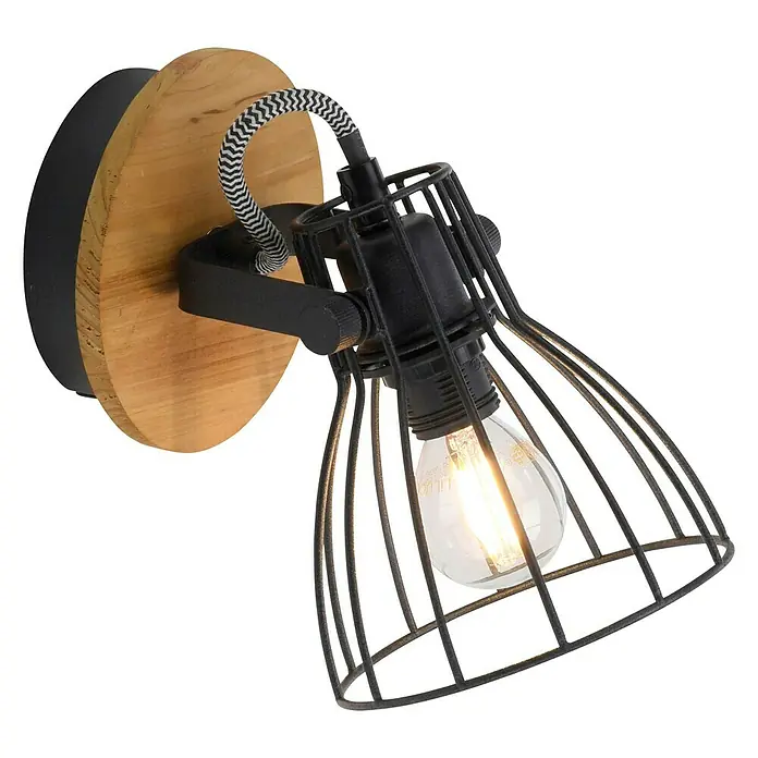 Deckenstrahler Taro - L x B x H: 18 x 18 x 15 cm, Schwarz, E14, 1 Stk. - Nahaufnahme einer trendigen Wandleuchte mit Holzelement und schwarzem Metallkäfig um eine dekorative Glühbirne.