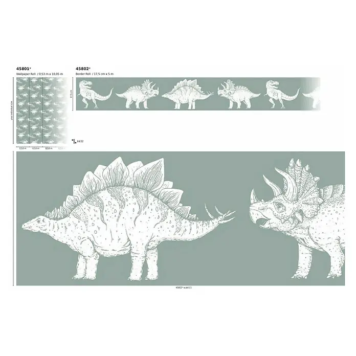 Marburg Kids' Walls Vliestapete Dinosaurier - Mittelgrün/Weiß, Tieroptik, 10,05 x 0,53 m - Abbildung einer Dinosaurier-Tapete (0,53 m x 10,05 m) und einer Bordüre (17,5 cm x 5 m) mit Dinosaurier-Motiven.