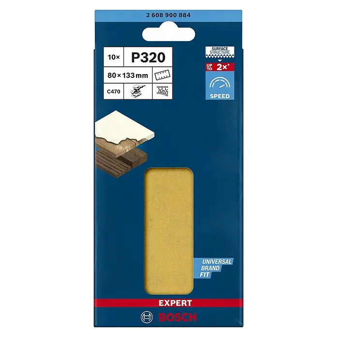 Bosch Expert Schleifblätter C470 - Körnung: 320, 80 x 133 mm, 10 Stk. - Produktverpackung für Bosch Schleifpapier P320, 10 Stück, 80x133mm, ideal für Holzbearbeitung mit hoher Oberflächenstruktur und doppelter Geschwindigkeit.