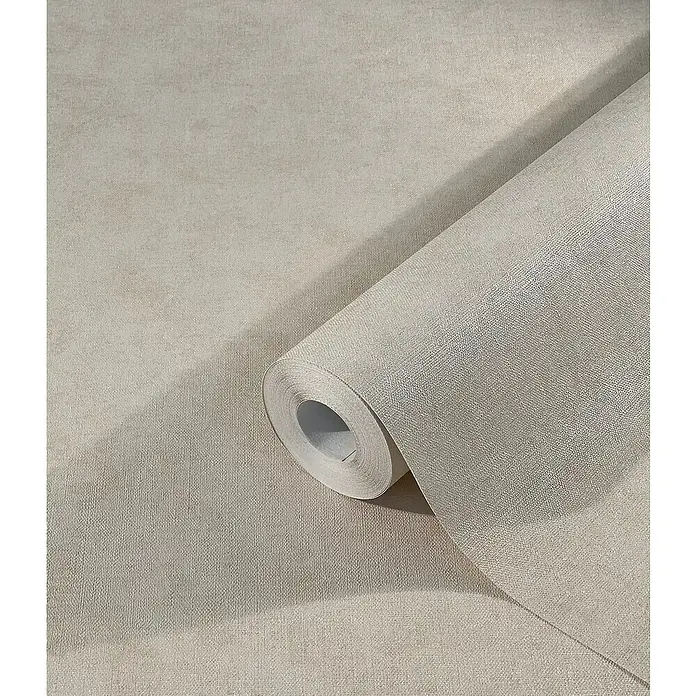 Marburg Kids' Walls Vliestapete schattiert - Pastellbeige, Uni, 10,05 x 0,53 m - Nahaufnahme einer Rolle hellgrauer Leinwandtapete mit dezenter Textur, ideal für ein stilvolles Interieur.