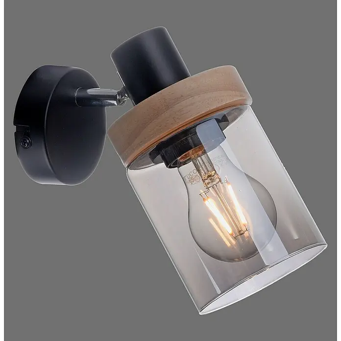 Just Light Deckenstrahler Pasqual - 40 W, L x B x H: 21 x 19 x 18 cm, Schwarz, E27 - Nahaufnahme einer modernen Wandleuchte mit einem klaren Glasschirm, einem hölzernen Akzent und einer schwarzen Basis.