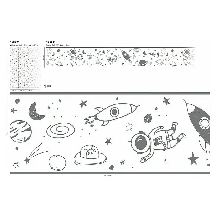 Marburg Kids' Walls Vliestapete Astronaut - Weiß/Grau, Grafisch, 10,05 x 0,53 m - Abbildung der Weltraumtapetenrolle (0,53 m x 10,05 m) und Bordürenrolle (17,5 cm x 5 m) mit Weltraummotiven wie Astronauten und Raketen.
