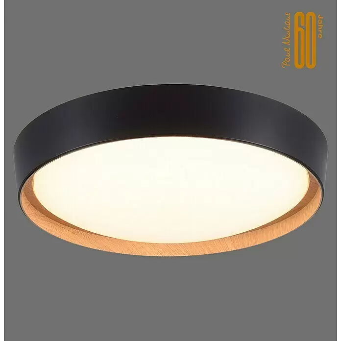 Just Light LED-Deckenleuchte Emilia - 32 W, L x B x H: 39,6 x 39,6 x 10 cm, Schwarz, Warmweiß - Runde Deckenleuchte mit schwarzem Metallrahmen und hellem Holzrand, strahlt warmweißes Licht aus.