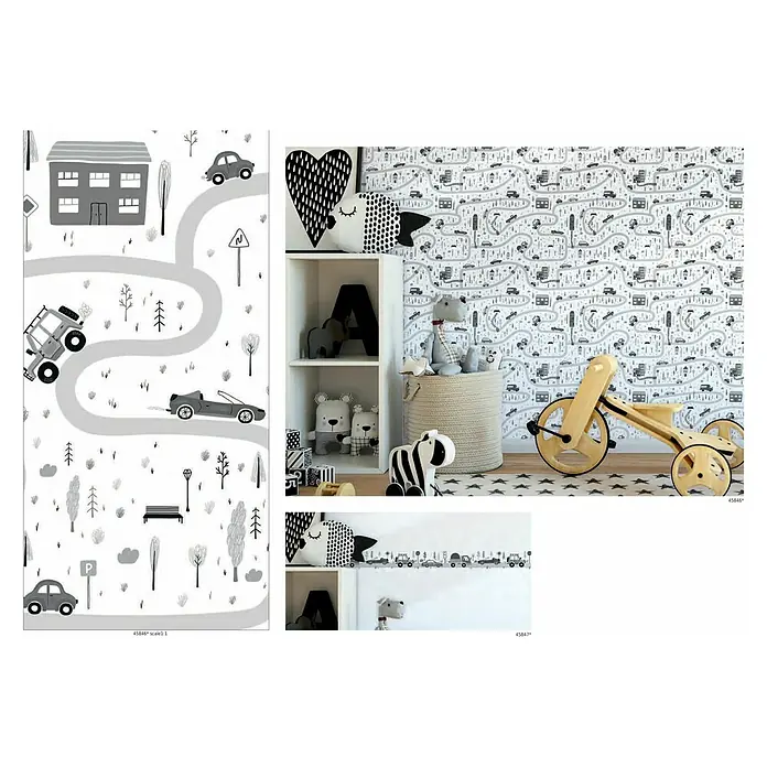 Marburg Kids' Walls Tapetenborte Fahrzeuge - Weiß/Grau, Motiv, L x H: 5 x 0,18 m, Vlies - Kinderzimmer mit Straßen-Tapete, Regal mit Spielzeug und einem Holz-Dreirad, die eine fantasievolle Spielumgebung schaffen.