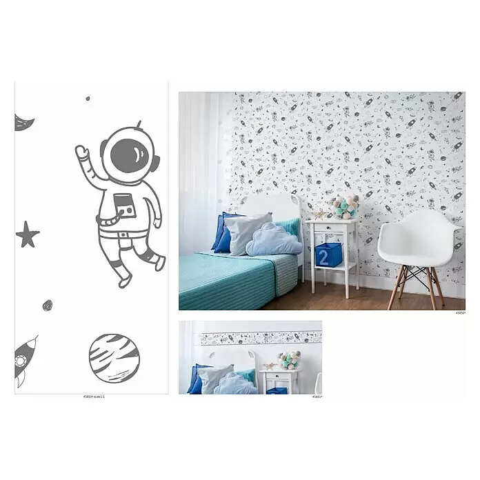 Marburg Kids' Walls Vliestapete Astronaut - Weiß/Blau, Grafisch, 10,05 x 0,53 m - Weltraum-Tapete und Bordüre mit Astronauten, Raketen, Planeten und Sternen in einem Kinderzimmer.