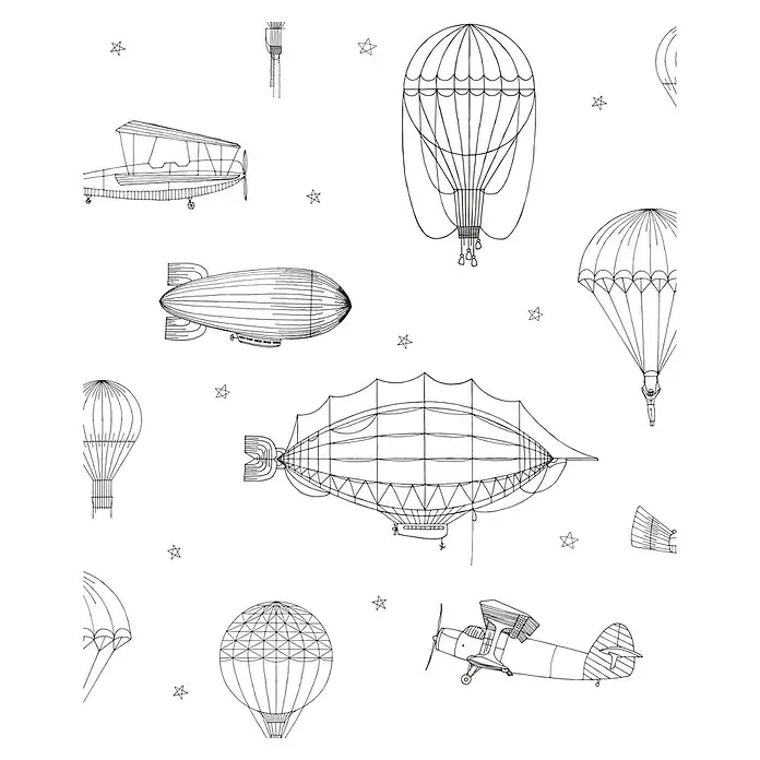 Marburg Kids' Walls Vliestapete Luftschiffe - Weiß/Schwarz, Grafisch, 10,05 x 0,53 m - Illustration mit verschiedenen Luftschiffen, Ballons und Flugzeugen vor einem weißen Hintergrund mit kleinen Sternen für Kinderzimmer oder als Muster.