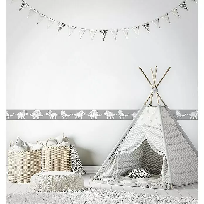 Marburg Kids' Walls Tapetenborte Dinosaurier - Kunststoff, Grau/Weiß - Graues und weißes Chevron-Tipi-Spielzelt mit Sternendetails in einem gemütlichen Kinderzimmer.